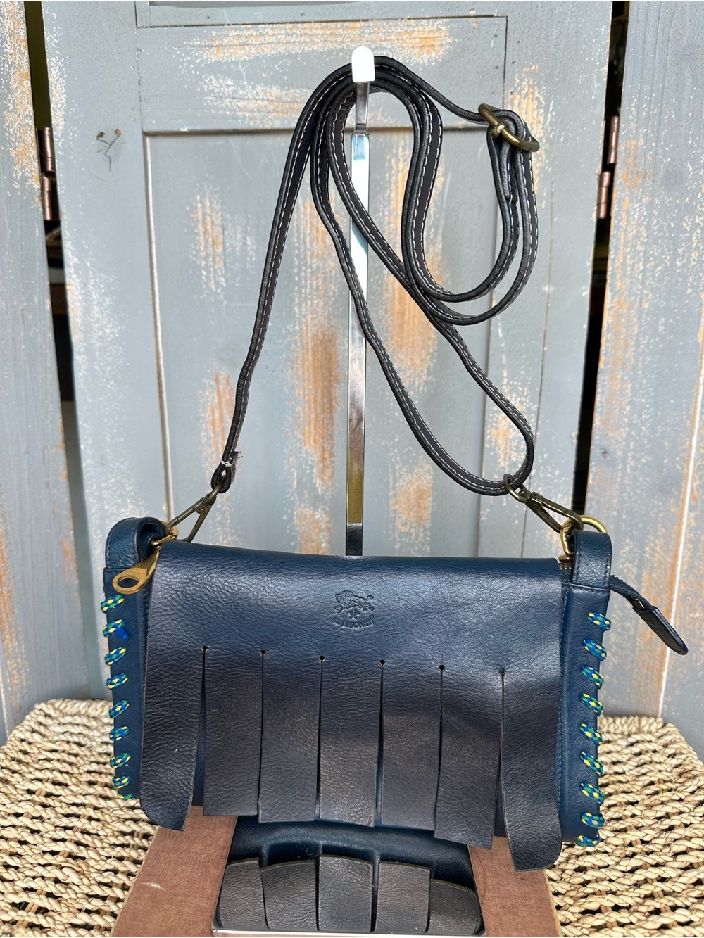 IL BISONTE Leather Chunky Fringe Crossbody Bag Navy Black